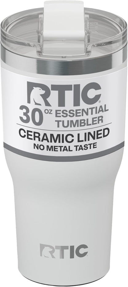 RTIC 30oz Essential Tumbler with Lid, Ceramic Lined, Insulated, Stainless Steel, Metal, Double Wall Vacuum-Insulation, Travel Cup for Iced Coffee, Tea, Hot and Cold Drink, White