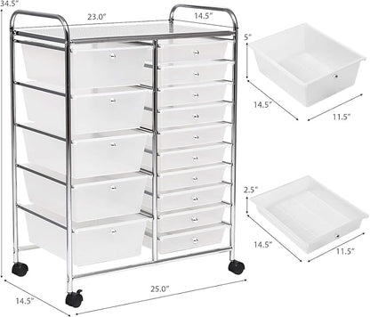 LDAILY 15 Drawer Rolling Storage Cart, Rolling Cart with Drawers for Classroom, Art Supply Craft Organizer on Wheel with Metal Frame & Handles for Home Office School