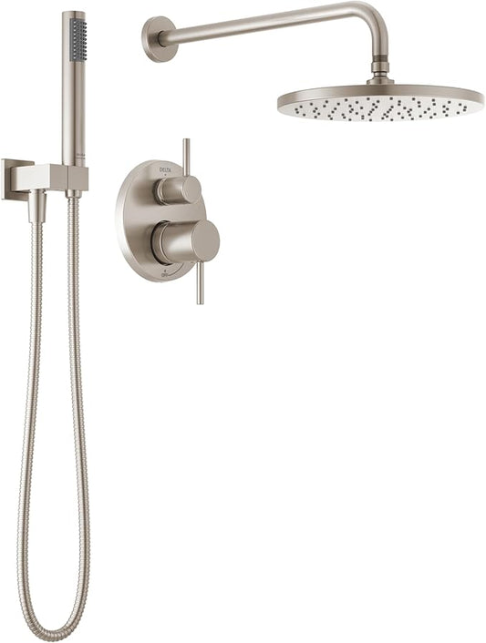 Delta Modern 14 Series Round Rain Shower System Faucet Set, Rainfall Brushed Nickel Shower Head and Handle Set, Valve Trim Kit, 10 Inch, Spotshield Stainless T342702-SP (Valve Not Included)