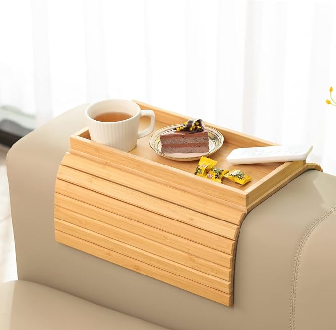 GEHE Bamboo Sofa Arm Tray, Foldable Couch Arm Tray Side Table, Anti-Falling Armrest Tables Cup Holder for Snacks, Drinks, Beers, Phone, Control, Flexible and Portable, Anti-Slip