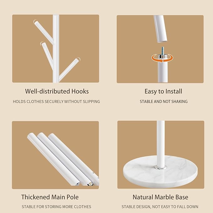 Metal Coat Rack Stand, Modern Freestanding Coat Rack with Natural Marble Base, Coat Racks and Coat Hall Tree Hanger Stand for Entryway, Hallway, Office (8 HOOKS-White)