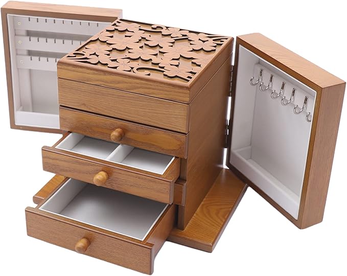 Wooden Jewelry Box for Women, 5-Layer Wooden Jewelry Organizer Boxes with 4 Drawers, Vintage Solild Wood Storage CaseJewelries, Watches, Necklace, Ring (Light Brown)