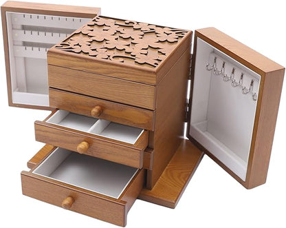 Wooden Jewelry Box for Women, 5-Layer Wooden Jewelry Organizer Boxes with 4 Drawers, Vintage Solild Wood Storage CaseJewelries, Watches, Necklace, Ring (Light Brown)