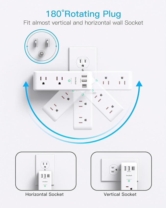 Surge Protector Outlet Extender with Rotating Plug, PD 20W, One Beat 6 AC Multi Plug Outlet with 3 USB Ports (1 USB C), 1800 Joules, 3-Sided Swivel Power Strip with Spaced Outlet Splitter for Office