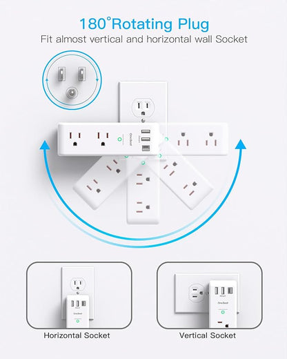 Surge Protector Outlet Extender with Rotating Plug, PD 20W, One Beat 6 AC Multi Plug Outlet with 3 USB Ports (1 USB C), 1800 Joules, 3-Sided Swivel Power Strip with Spaced Outlet Splitter for Office