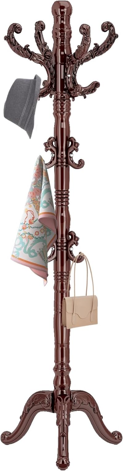 ZOZOE Wooden Classic Coat Rack Stand, Solid Wood Coat Rack Freestanding with 14 Hooks, Vintage Coat Racks with Sturdy Triangle Base, Natural Birch Wood Coat Tree Stand for Entryway Hallway