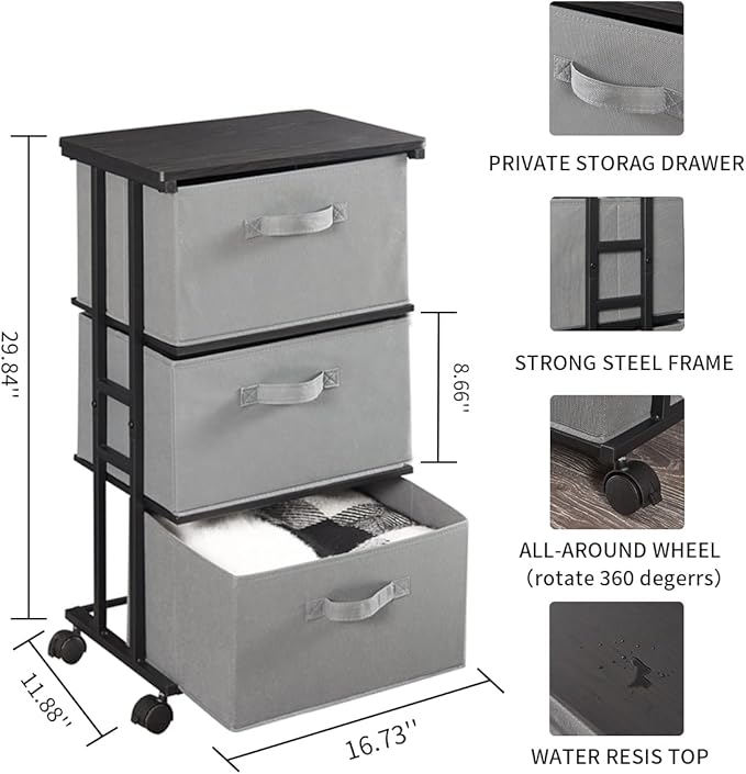 MAX Houser Dresser Tower with 3 Drawers for Bedroom, Fabric Storage Organizer Unit, Chest of Drawers with with WoodTop, Small Vertical Storage for Guest Room, Closet, Entryway(Grey)