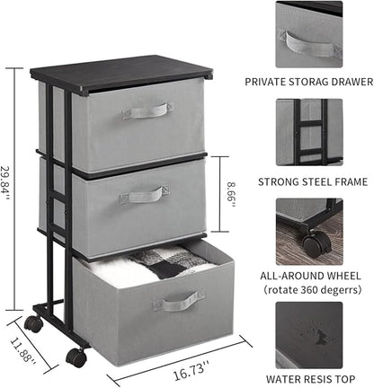 MAX Houser Dresser Tower with 3 Drawers for Bedroom, Fabric Storage Organizer Unit, Chest of Drawers with with WoodTop, Small Vertical Storage for Guest Room, Closet, Entryway(Grey)