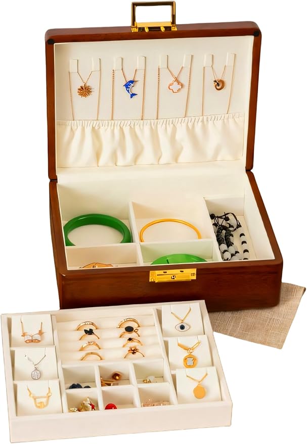 Solid Walnut Wood Jewelry Box with Lock,2 Layer Velvet Wood Jewelry Organizer Storage Lined for Earrings Rings Necklaces Bracelets Cufflink Gift Idea for Men Women, Beige
