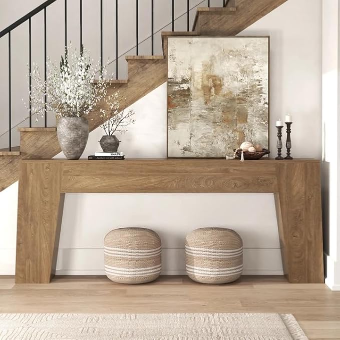 Extra Long Sofa Console Table for Entryway, 78-Inch Large Farmhouse Wood Behind Couch Table, Modern Trapezoid Accent Entrance Table for Foyer Living Room Hallway Home, Natural Oak Brown