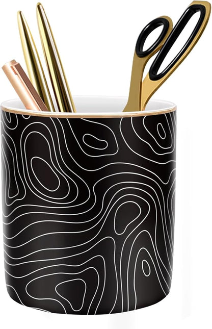 WAVEYU Pen Holder, Pencil Cup for Desk, Cute Makeup Brush Holder, Durable Ceramic Organizer Decor for Room, Office, Classroom, Abstract Pattern