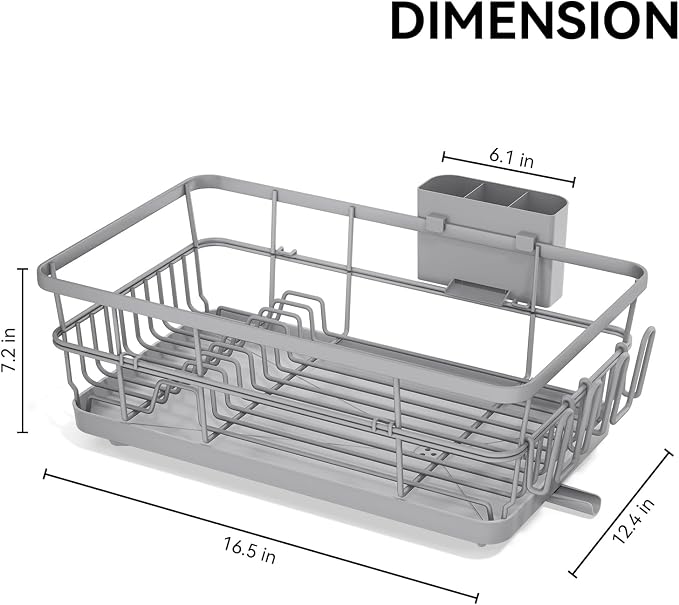 TOOLF Dish Drying Rack, Dish Racks for Kitchen Counter, Stainless Steel Sink Organization and Storage Essentials with Cutlery Holder, Dish Drainer, Home and Apartment Decor, 12.4''W x 16.5''L, Gray
