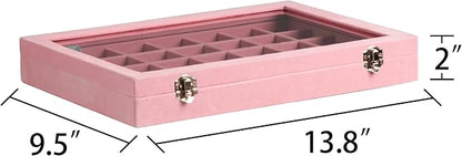 Frebeauty Velvet Jewelry Tray,35 Grid Jewelry Organizer with Clear Lid,Earring Holder Organizer Case with Clasp,Drawer Insert for Rings Studs,13.8 x 9.5 x 2 Inches,Gift for Women Girls(Pink)