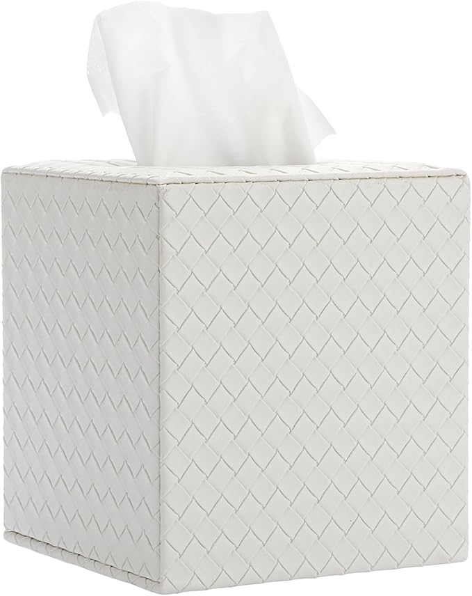 Sumnacon Tissue Box Cover Square Tissue Box Stylish PU Woven Lozenge Pattern Tissue Box Holder with Magnetic Bottom,Cube Leather Tissue Cover for Living Room Bathroom Table Desk Home Office Car,White