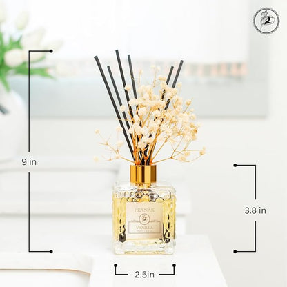 Reed Diffuser Set - Vanilla Coconut Oil, Oil Diffuser Sticks, Bathroom Diffuser, Bathroom Shelf Decor, 200ml with Preserved Flowers - PEANÄK