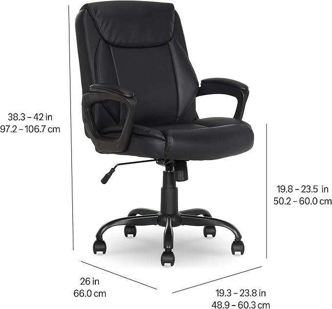 Amazon Basics Classic Puresoft PU Padded Mid-Back Height Adjustable Office Computer Desk Chair with Armrest, 26"D x 23.75"W x 42"H, Black