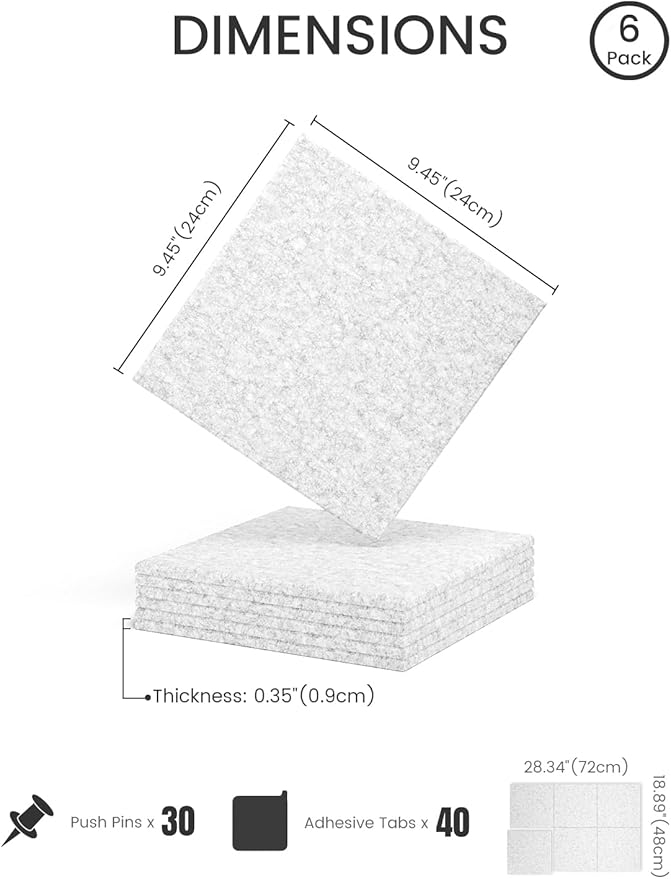 Fluxynara Felt Bulletin Board Tiles -28"x18" Cork Board Alternative for Office Decor, Push Pin Board Wall Organizer 6-Pack -Marble Gray