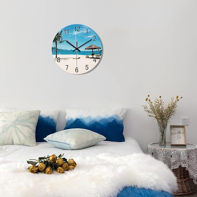 XFM Beach Wall Clock 14 Inch Silent Wall Clocks Battery Operated Blue Tropical Hawaii Coastal Wall Clock for Living Room Bedroom Home Office Decor