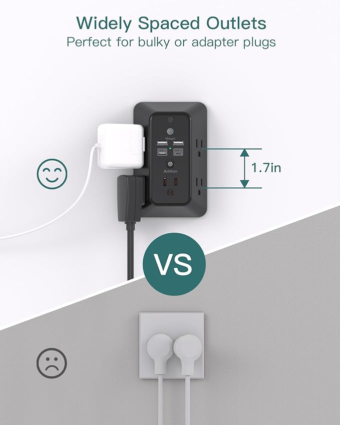 Surge Protector, Outlet Extender with Night Light, Addtam 5-Outlet Splitter and 4 USB Ports(2 USB C), USB Wall Charger Power Strip, Multi Plug Wall Outlet for Home, Office, School, Black