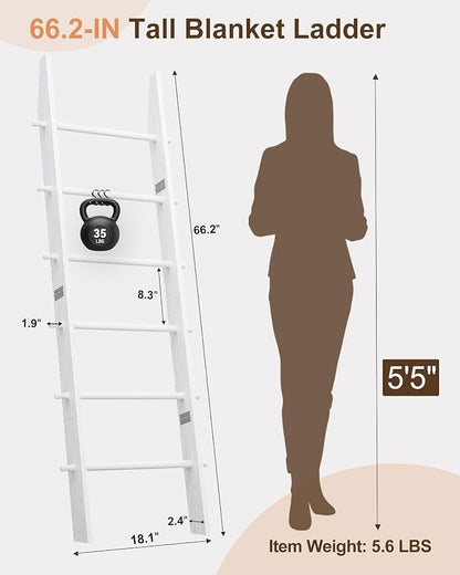 TEAKMAMA 6-Tier Blanket Ladder with Hanging Knobs,5.5 Ft Wall Leaning Blanket Ladders for Living Room Bedroom,Rustic Decorative Storage for Quilts,Throws,Easy to Assemble,White