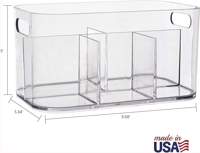 STORi Bliss 5-Compartment Plastic Cosmetics Storage Organizer, Set of 2 | Clear | Rectangular Divided Makeup Bin & Vanity Caddy with Pass-Through Handles | Round Corner Design | Made in USA