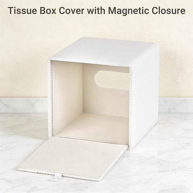 Mkono Tissue Box Cover PU Leather Square Tissue Box Holder with Bottom, Decorative Facial Cube Organizer for Bedroom Bathroom Dresser Vanity Countertop Night Stands Home Office Desk (Ivory)