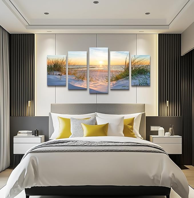 Canvas Wall Art For Living Room Large Size Wall Decor For Bedrooms Beach Grass Blue Ocean Landscape Painting Office Wall Decorations Seascape Print Canvas Pictures Artwork Home Decor Works 5 Piece
