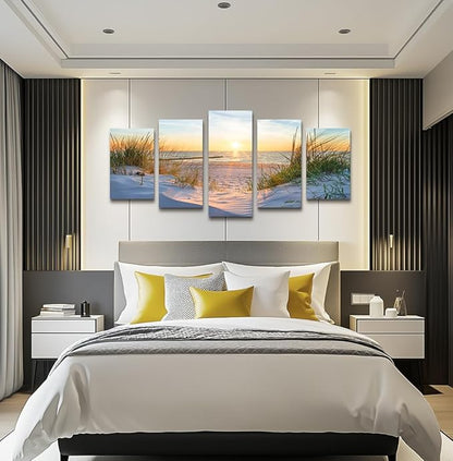 Canvas Wall Art For Living Room Large Size Wall Decor For Bedrooms Beach Grass Blue Ocean Landscape Painting Office Wall Decorations Seascape Print Canvas Pictures Artwork Home Decor Works 5 Piece
