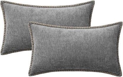 MIULEE Pack of 2 Lumbar Throw Pillow Covers 12x20 Inch Dark Gray Farmhouse Decorative Pillow Covers with Stitched Edge Soft Chenille Solid Dyed Pillow Covers for Couch Sofa Bed Living Room