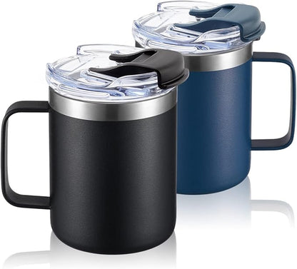 12oz Stainless Steel Insulated Coffee Mug with Handle, Double Wall Vacuum Travel Mug, Tumbler Cup with Fliping Lid, Black and Navy