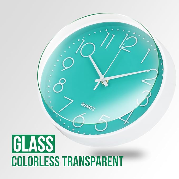Wall Clock Non-Ticking Silent Modern Simple Style Round Decor Clock Stereoscopic Dial Quartz Wall Clocks for Home/Office/School/Living Room/Bedroom/Kitchen (Turquoise, 12inch)