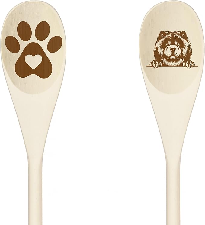 CHOW CHOW Wooden Spoons for Cooking, Serving or Decorative Kitchen Utensils Set Dog Lover Dog Mom/Dad Gift with Peeking Dog Designs, Paw Print and Dog Head, Kitchen Utensils Set of 2