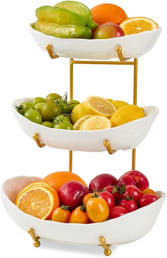 Lifevc Fruit Bowl for Kitchen Counter,3 Tier Fruit Holder with Gold Metal Stand, Tiered Fruit Basket for Fruit Vegetable Storage, Snack, Nuts, Cake, Dessert (White)