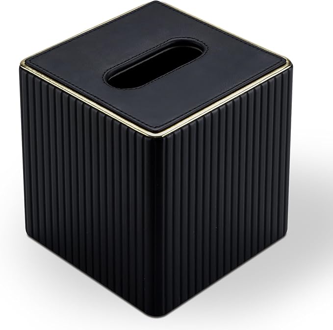 KINGFOM Tissue Box Cover, PU Leather Square Tissue Box Holder for Kleenexs with Magnetic Bottom Cover for Facial Tissues/Napkins, Office & Living Room Decor Box Black