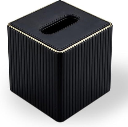 KINGFOM Tissue Box Cover, PU Leather Square Tissue Box Holder for Kleenexs with Magnetic Bottom Cover for Facial Tissues/Napkins, Office & Living Room Decor Box Black