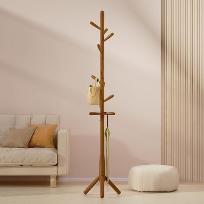 Solid Wood Coat Rack, Freestanding Tree-Shaped Coat Rack with 11 Hooks, Main Pole 1.6" dia for Clothes, Hat Stand Used in Bedroom/Office/Entryway (3-Leg Base, Brown)