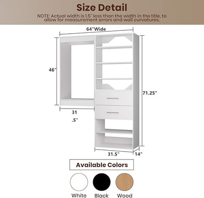 ROOMTEC Modular Closet System, 64" Wall Mounted Closet Organizer with Hanging Rods and Drawers, Wooden Tower for Walk-In Closets, Wardrobe Storage Kit, White