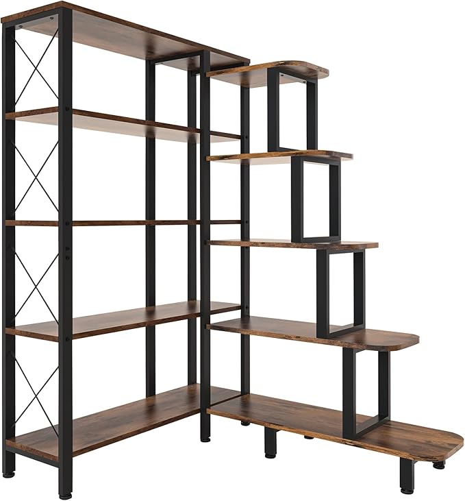 PONROL Large Corner Bookshelf Bookcase, Industrial Reversible 5 Tier Ladder Shelves Storage Display Rack with Metal Frame, Modern Home Office Furniture for Living Room Bedroom