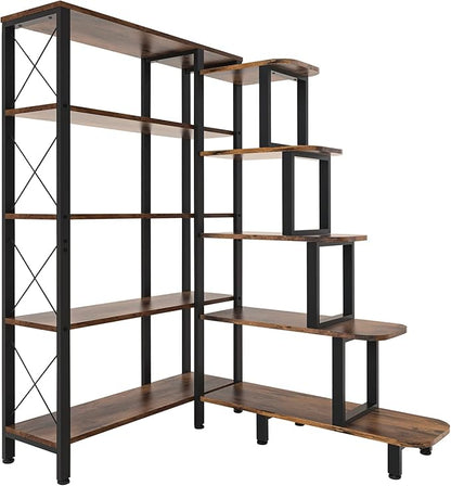 PONROL Large Corner Bookshelf Bookcase, Industrial Reversible 5 Tier Ladder Shelves Storage Display Rack with Metal Frame, Modern Home Office Furniture for Living Room Bedroom