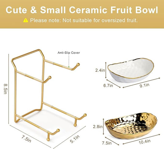 OdoVow Ceramic Fruit Bowl for Kitchen Counter - 2 Tier Fruit Bowls with Metal Stand, Tiered Fruit Basket Stand for Countertop, Snack, Nuts, Cake, Dessert, Small & Cute (Gold)