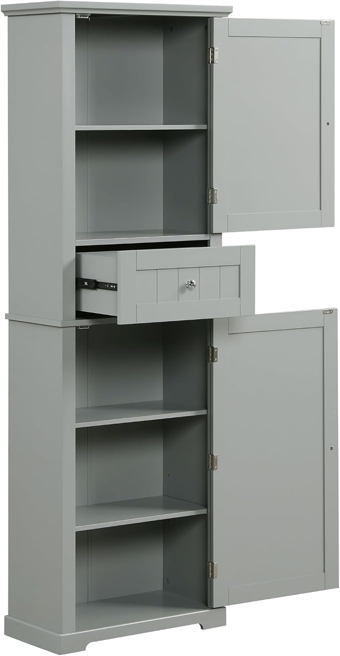 Bathroom Storage Cabinet, Tall Cabinet with Adjustable Shelf | Tall bathroom storage cabinet, 2 enclosed cabinets and middle pull-out compartment keep daily essentials organized