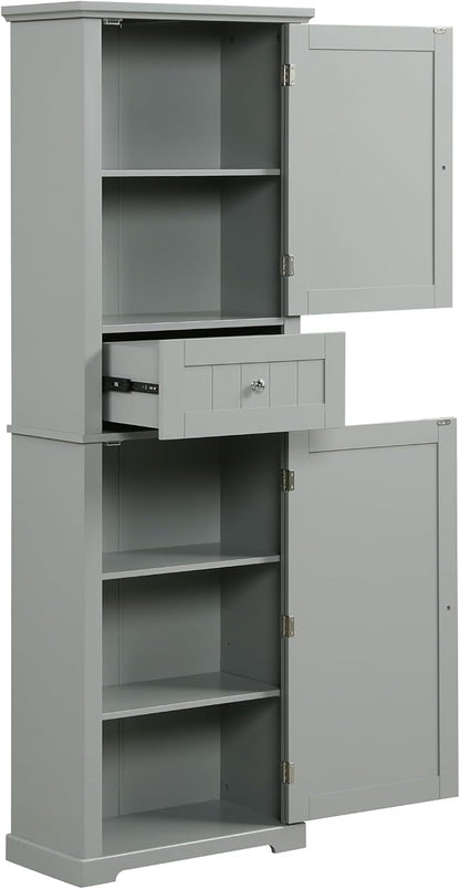 Bathroom Storage Cabinet, Tall Cabinet with Adjustable Shelf | Tall bathroom storage cabinet, 2 enclosed cabinets and middle pull-out compartment keep daily essentials organized