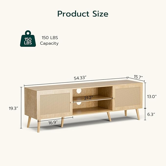 ZttRiee TV Stand for TVs up to 65'', Entertainment Center With Rattan Door, Shelves & 2 Cabinets, Long Boho Media Console for Living Room, Natural
