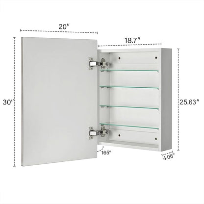 TEHOME 20'' x 30'' Brushed Nickel Recessed and Surface Mount Bathroom Medicine Cabinet with Mirror Square Cornered Metal Framed Rounded Rectangle Medicine Cabinet Mirror
