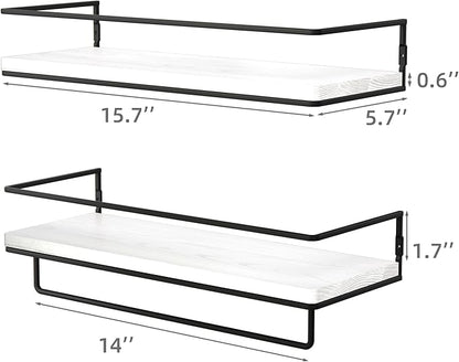 ZGO Floating Shelves for Wall Set of 2, Wall Mounted Storage Shelves with Black Metal Frame and Towel Rack for Bathroom, Bedroom, Living Room, Kitchen, Office (White)