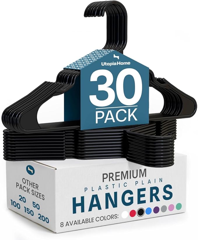 Utopia Home - Plastic Hangers 30 Pack - Space Saving Clothes Hanger - Durable and Strong Closet Organizers and Storage Makes It Ideal Stocking Stuffers or Apartment or Dorm Room Essentials (Black)