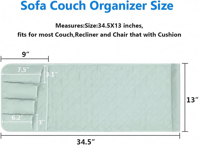 Armchair Caddy for Recliner, Couch Caddy Storage Organizer with 5 Pockets, Non Slip Sofa Arm Organizer for Remote Controls, Phone, Magazines, Tablet (Sage Green)