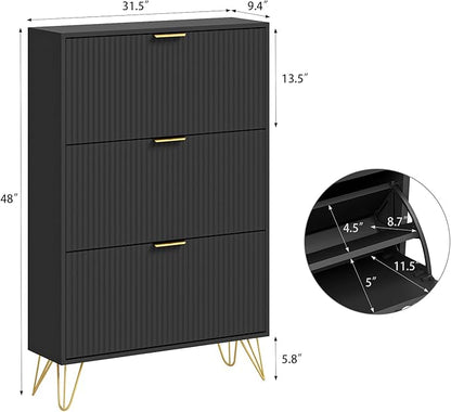 Shoe Cabinet with 3 Flip Drawers Narrow, Fluted Black Shoe Cabinet Storage for Entryway Slim, Hidden Shoe Storage Cabinet, Modern Freestanding Shoe Rack Organizer for Entryway, Black