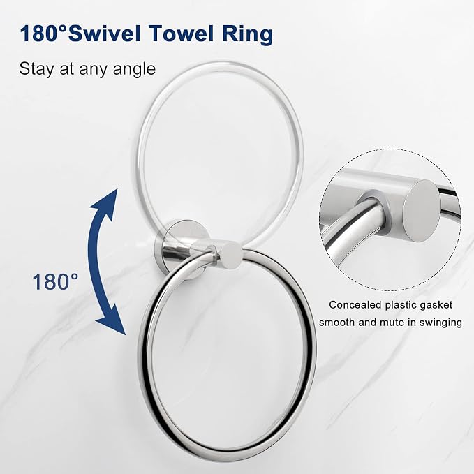 NearMoon Bath Towel Ring, Bathroom Hardware Accessories-Thicken Stainless Steel Hand Towel Holder for Bathroom, Modern Round Towel Hanger Wall Mounted (Chrome, 3 Pack)