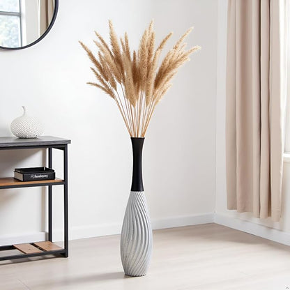 23.6" Silver Tall Vases - Black Neck Teardrop Tall Floor Vase with Textured Vertical Lines & Speckled Finish, Modern Decorative Floor Vase for Living Room, Office, Wedding Decor - Resin